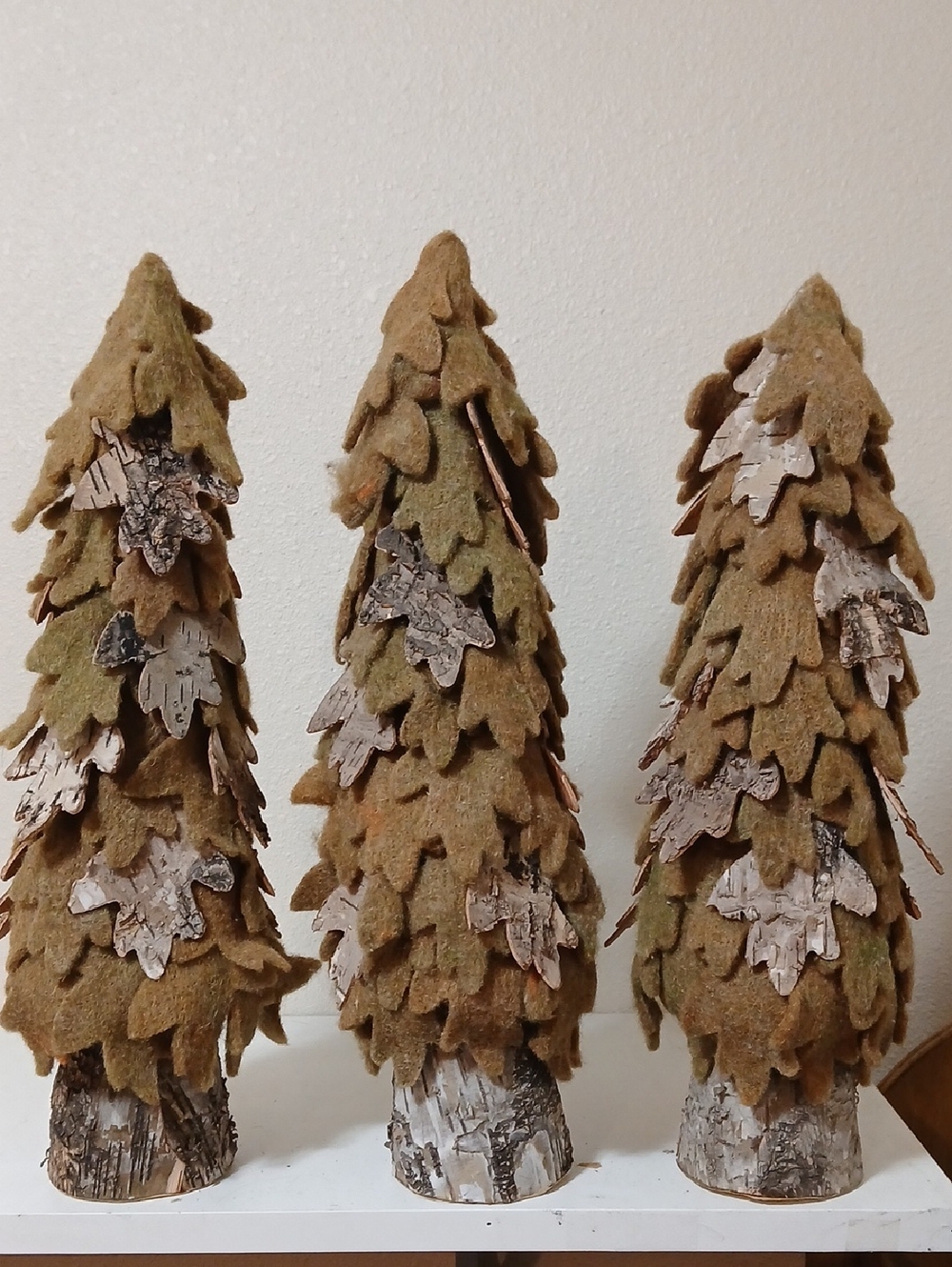 Three Vintage Rustic Brown Felt Birch Tree Forest Cabin Decor